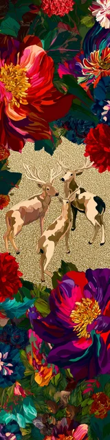 Free printable Christmas bookmarks of reindeer gathered with bold floral elements